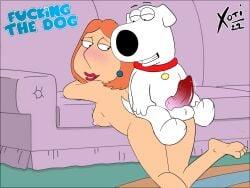 4:3 animal_genitalia animal_penis balls blush brian_griffin canid canine canine_penis dog duo erection family_guy female furniture genitals hi_res human interspecies kneeling knot larger_female lois_griffin male male/female mammal penis presenting sitting_on_another size_difference smaller_male sofa xoti_(artist) zoophilia