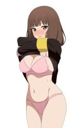 1girls accurate_art_style bangs blush bra brown_eyes brown_hair cleavage coro_fae dress dress_lift hi_res iino_miko kaguya-sama_wa_kokurasetai_~tensai-tachi_no_renai_zunousen~ long_hair looking_at_viewer medium_breasts navel official_style panties simple_background solo underwear undressing white_hair