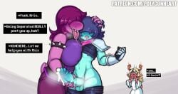 1ambiguous 1boy 2girls after_kiss anthro antlers armor bangs_over_eyes big_breasts big_penis blonde_hair blue_hair blue_skin blush breast_press breasts brown_fur caught caught_in_the_act claws cuckquean cum cum_drip cum_dripping cum_on_penis deltarune english_text erection female femdom genderbend genderbent genderswap gentle_femdom hand_on_another's_head hand_on_head handjob hands_behind_head huge_breasts human intimate kissing kris_(deltarune) large_penis larger_female male male_human/female_anthro muscular_male noelle_holiday pants_pull patreon_username penis penis_grab pent_up polygonheart precum purple_hair purple_skin reindeer_antlers saliva saliva_string scalie sharp_teeth shirt_up shoulder_pads size_difference smaller_male spiked_bracelet standing straight susie_(deltarune) tail tears text text_bubble thepolygonheart tongue tongue_out unknown_gender white_background white_robe