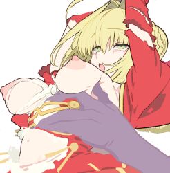 1boy ahoge arms_up bangs blonde_hair braid breast_grab breasts breasts_out dress epaulettes fate/extra fate_(series) female french_braid grabbing green_eyes hair_bun hair_intakes hair_ribbon juliet_sleeves large_breasts long_hair long_sleeves male nero_claudius_(fate) nipples puffy_sleeves red_dress red_ribbon ribbon tears torn_clothes wr_(karakusa_senbei)