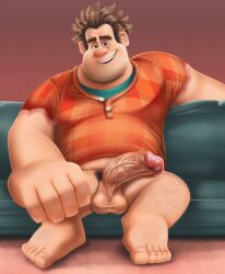 1boy 5_toes aizenhower artist_name balls big_hands brown_eyes brown_hair character_name copyright_name couch disney feet gay larger_male leg_hair looking_at_viewer male_feet male_only penis proud_of_his_cock pubic_hair ralph_(wreck-it_ralph) smile solo solo_male toes veiny_penis wreck-it_ralph