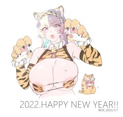 2022 2girls animal_ear_fluff animal_ears animal_hands animal_print aqua_eyes aqua_hair areola_slip areolae armpits artist_name bare_shoulders bikini black_hair blonde_hair box20502017 breasts brown_hair chinese_zodiac claws elbow_gloves english_text eyebrows_visible_through_hair eyelashes eyepatch_bikini female fur-trimmed_choker fur_trim gloves hair_ornament hairband happy_new_year heterochromia highres large_breasts long_hair looking_at_another multicolored_hair multiple_girls new_year no_mouth oerba_yun_fang open_mouth orange_gloves original pink_eyes purple_hair red_hair simple_background sketch skindentation sweat swimsuit teeth tiger_ears tiger_print tongue turtleneck upper_body upper_teeth white_background xiangzi_box year_of_the_tiger