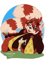 ailurid anthro beverage bikini clothing female mammal nipple_outline red_panda solo sunscreen swimwear toxi_de_vyne_(artist)