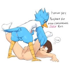 2boys 5_fingers anthro anus ass avian backsack balls beak bent_over berdly big_butt bird blue_balls blue_body blue_feathers bottomless brown_hair clothed clothing corvid deltarune dialogue duo english_text erection eyewear feathers femboy fingers footwear forced gay genitals glasses hair hi_res holding_penis human imminent_rape imminent_sex interspecies kinkykong kris_(deltarune) legs_up lying male male/male male_only mammal on_back on_ground open_mouth partially_clothed penis perineum rape shirt shocked shocked_expression simple_background socks spread_legs spreading text thick_thighs thought_bubble topwear undertale_(series) video_games white_background wide_eyed wings yaoi yellow_beak young