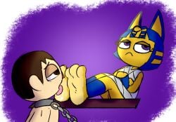 animal_crossing animal_humanoid ankha ankha_(animal_crossing) anthro ass baggy_(artist) barefoot bodily_fluids clothing digital_media_(artwork) domestic_cat dominant dominant_female duo egyptian egyptian_clothing egyptian_headdress feet felid feline felis female fingers foot_domination foot_fetish foot_focus foot_lick foot_play forced genitals hair headgear hi_res humanoid interspecies licking male male/female mammal mammal_humanoid nintendo nude open_mouth paws pussy sex sex_slave simple_background soles toes tongue tongue_out video_games villager_(animal_crossing) yellow_body