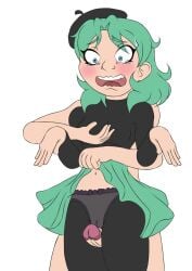 barrette bow_panties fionapollo green_hair intercrural mint_(fionapollo) panties pantyhose rewdraw18 shocked_expression skirt_lift thigh_sex youtube youtuber youtuber_girl