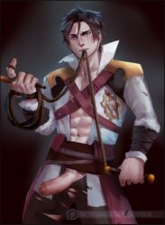 1boy abs beckoning body_hair bracers castlevania castlevania_(netflix) chest_hair erection facial_hair male_only muscular_male partially_clothed penis pubic_hair reddverse scar_across_eye scars short_hair torn_clothes torn_clothing trevor_belmont uncircumcised uncut whip