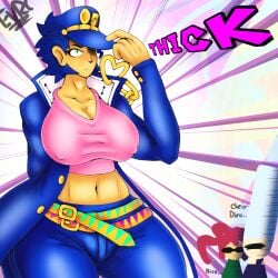 1girls belly belly_button belt belt_buckle big_breasts blue_clothes blue_clothing blue_hair breasts cameltoe chains cleavage cleavage_cutout curvaceous curves curvy curvy_body curvy_female curvy_figure evrc female female_jotaro glasses gold gold_(metal) green_eyes hat hips huge_breasts human jean_pierre_polnareff jojo's_bizarre_adventure jojo_reference jotaro_kujo light-skinned_female light_skin massive_breasts muscular muscular_female nipple_bulge nipple_tweak nipples nipples_visible_through_clothing noriaki_kakyoin perky_breasts perky_nipples pink_shirt rule_63 short_hair shounen_jump spiky_hair stardust_crusaders stomach stretching_shirt tanned tanned_female tanned_skin thick_hips thick_thighs thighs tight_clothing tight_pants tight_shirt tomboy trenchcoat wide_hips wide_thighs