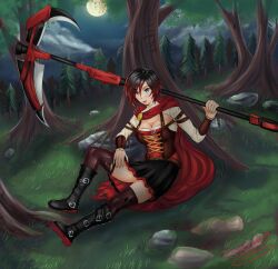 1girls 2022 black_hair breasts cleavage female female_focus female_only forest horizonah221 looking_at_viewer outdoors red_highlights ruby_rose rwby silver_eyes sitting skirt solo solo_focus thighhighs