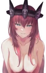 big_breasts blue_eyes blush breasts collarbone headmistress_jeanne headwear huge_breasts large_breasts long_hair looking_at_viewer naked nipples red_hair sweat tagme the_battle_cats