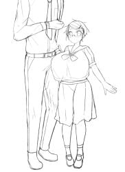 1boy 1girls asian big_breasts brother_and_sister emotionless expressionless glasses huge_breasts imminent_deepthroat imminent_oral incest kannovaku nong_waan oral original partial_male school_uniform short_hair shortstack size_difference sketch taller_male teenager ukavonnak