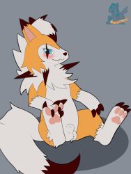 animal_genitalia blush foot_grab genitals hi_res lycanroc male nintendo pokémon_(species) pokemon pokemon_only presenting_sheath sheath sitting syngie_(artist) video_games