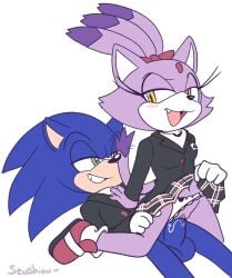 blaze_the_cat blue_fur blush bow_in_hair button_up_jacket cat_ears cat_humanoid cat_tail cum cum_in_pussy forehead_jewel green_eyes hand_on_chest hedgehog_humanoid lidded_eyes lifting_skirt long_eyelashes medium_penis panties_aside persona persona_5 purple_fur reverse_cowgirl_position schoolboy_uniform schoolgirl_uniform senshion sharp_tooth shoes shujin_uniform small_breasts smug sonaze sonic_(series) sonic_the_hedgehog sonic_the_hedgehog_(series)