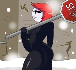 1girls ass big_ass big_breasts bodysuit breasts building curvy ellie_rose female fleeing_the_complex henry_stickmin_(game) looking_up mob_face nobytes_(artist) png red_hair signature smile smiling snow solo stickman stop_sign tagme thick_thighs voluptuous