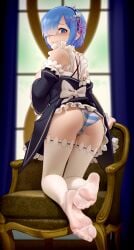 1girls ass blue_eyes blue_hair cameltoe chair detached_sleeves feet female flat_ass greek_toe hair_over_one_eye kairuhentai kairunoburogu kneeling kneeling_on_chair looking_at_viewer looking_back maid no_shoes panties petite re:zero_kara_hajimeru_isekai_seikatsu rem_(re:zero) revealing_clothes see-through short_hair soles solo striped_panties thighhighs white_legwear x_hair_ornament