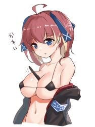 :o ahoge armband bangs bare_shoulders between_breasts bikini black_bikini black_jacket blue_eyes blue_ribbon blush breasts brown_hair collarbone cropped_torso eyebrows_visible_through_hair female female hair_between_eyes hair_ribbon highres jacket large_breasts mole mole_under_eye multicolored_hair navel off_shoulder open_clothes open_jacket original parted_lips ribbon rumiya9i simple_background solo stylus swimsuit translation_request twintails two-tone_hair upper_body white_background