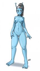 2021 alien andorian_(species) antennae_(anatomy) artist_signature barefoot blue_skin blush breasts collarbone female front_view humanoid jennifer_sh'reyan navel nosch nude open_mouth ponytail solo star_trek star_trek_lower_decks thighs vulva white_background