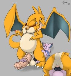 anal anal_sex animal_genitalia animal_penis balls bell bell_collar big_balls big_penis bodily_fluids charizard collar duo eeveelution equine_penis espeon fan_character feral forehead_gem genital_fluids genitals hi_res iggy_(vanzard) knot leaking_precum male male/male male_penetrated male_penetrating male_penetrating_male nintendo orange_body penetration penis pink_body pokémon_(species) pokemon pokemon_(species) precum precum_drip saliva saliva_string scarf size_difference small_dom_big_sub vanzard vein veiny_penis video_games wings