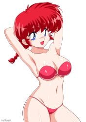 1girls arms_behind_head blue_eyes braided_ponytail canon_genderswap eyeshadow female_focus female_only genderswap_(mtf) helltzujih light-skinned_female pale-skinned_female pigtail pinup ranma-chan ranma_1/2 ranma_saotome red_bikini red_g-string red_hair red_thong rule_63 shiny_hair shiny_skin solo solo_female solo_focus voluptuous white_background