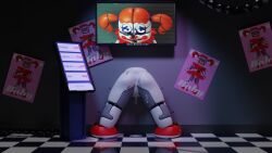 3d animatronic anus baby_(fnafsl) blue_eyes canon_appearance circus_baby circus_baby_(fnaf) circus_baby_(original) clown cum cum_in_ass cum_in_pussy cum_inside cum_on_ass cum_puddle female five_nights_at_freddy's five_nights_at_freddy's:_sister_location fnaf full_color g0g0g0g0g0g glory_wall no_penetration panties pins price prostitution public_use pussy red_hair robot solo solo_female through_wall tired twintails