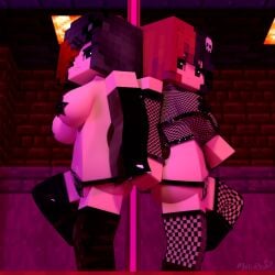 1girls 2girls 3d big_breasts black_and_red_hair black_gloves black_stockings character commission ellie_walls_(odysseyellie) female female_only goth goth_girl horny_female human humanoid looking_at_another looking_at_viewer mine-imator minecraft modeling morirosemc multicolored_hair old_and_new prostitution red_eyes solo_female strip_club striped stripper_pole