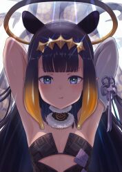 1girls armpits arms_behind_back arms_behind_head arms_up armwear artist_request black_dress blue_eyes blush blushing_at_viewer breasts detached_sleeves diadem dress eyebrows_visible_through_hair female female_focus female_only flat_chest flat_chested halo highres hololive hololive_english hololive_myth light-skinned_female light_skin long_hair looking_at_viewer mole mole_under_eye multicolored_hair ninomae_ina'nis orange_hair pale-skinned_female pale_skin pointy_ears pout pouting purple_hair small_breasts tentacle tiara very_high_resolution very_long_hair virtual_youtuber