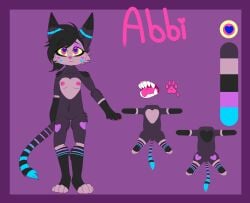 <3_eyes abbi_(slates1n) absurd_res anthro black_hair breasts clitoris conditional_dnp domestic_cat felid feline felis female fur genitals hair heart heart_(marking) hi_res mammal markings model_sheet mouth_shot nipples open_mouth pawpads paws purple_body purple_fur pussy slates1n small_breasts solo striped_markings striped_tail stripes tail_markings