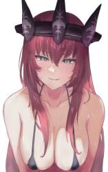 big_breasts bikini bikini_top black_bikini black_bikini_top blue_eyes blush breasts collarbone headmistress_jeanne headwear huge_breasts large_breasts long_hair looking_at_viewer red_hair sweat tagme the_battle_cats