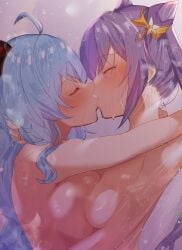 2girls absurdres ahoge arito_arayuru bangs blue_hair blush breast_press breasts closed_eyes french_kiss ganyu_(genshin_impact) genshin_impact hair_between_eyes hair_ornament highres horns huge_breasts keqing_(genshin_impact) kissing large_breasts long_hair multiple_girls purple_hair showering sideboob yuri