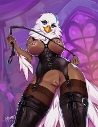 2022 5_fingers accipitrid accipitriform anthro areola avian bald_eagle beak bird black_corset black_thigh_boots blue_eyes bottomless breastless_clothing breasts brown_stockings clothed clothing corset digital_media_(artwork) dominatrix dragonfu eagle eyebrows eyelashes female fingers garter_straps genitals hairless_pussy hi_res holding_object holding_whip leather leather_corset legwear lingerie looking_at_viewer looking_down looking_down_at_viewer nipple_piercing nipples non-mammal_breasts piercing pussy sea_eagle stockings thigh_boots thigh_highs topwear whip yellow_beak