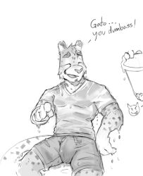 anthro bucket bulge cheetah closed_eyes clothing container demon dialogue disembodied_hand duo english_text felid feline furry gato_matero genital_outline hi_res male male/male mammal penis_outline text tongue tongue_out water wet wet_clothing