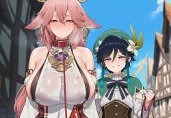 1boy 1girls ai_generated big_breasts collar eeveai femboy genshin_impact pink_hair tagme venti_(genshin_impact) yae_miko
