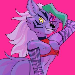 abs animatronic anthro arm_warmers armwear blonde_hair bodypaint breasts canid canine canis cleavage cleavage_cutout clothed clothing collar collar_shirt dominant dominant_female erect_nipples eye_contact eyebrows eyelashes facial_markings facial_tuft fangs female five_nights_at_freddy's five_nights_at_freddy's:_security_breach flat_stomach fluffy fluffy_ears fluffy_hair fluffy_tail fur glistening glistening_body glistening_nose glowing glowing_eyes green_hair grey_body grey_fur hair head_markings lipstick looking_at_another low_res machine makeup mammal markings mostly_nude mostly_offscreen_character nipples notched_ear partially_clothed pink_nipples primatius raised_arm red_clothing robot roxanne_wolf_(fnaf) scottgames shaded slim small_waist smile smiling_at_viewer smirk solo teeveeomegas thick_eyebrows thick_eyelashes tiger_stripes video_games wide_hips wolf wolf_tail yellow_eyes