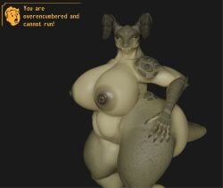 anthro areola ass big big_areola big_butt big_nipples big_tail blue_eyes breasts cleavage_cutout clothing colorful_body cutout enclaveremant exposed_breasts female glistening gloves gun handwear horn huge_breasts mommyclaw_(vulgarvictor) nipples ranged_weapon scalie sharp_tail shoulder_guards standing tail thick_thighs