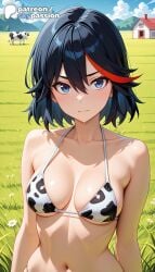 1girls 2026 ai_assisted ai_generated animal_print anime artist_name bikini black_hair blue_eyes bovine breasts bust cow_print explicit hi_res high_quality high_resolution highres kill_la_kill matoi_ryuuko multicolored_hair navel outdoors patreon patreon_username print_bikini short_hair sky skypassion stable_diffusion swimsuit watermark year_of_the_ox