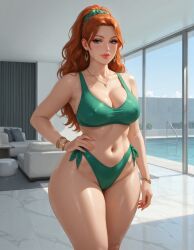 ai_generated bangle belly_button bikini cameltoe cleavage curtains cushion earrings female furniture ginger_hair glass_door green_clothing green_eyes hair_scrunchie hand_on_hip large_breasts long_hair luxury marble_floor midriff milf necklace nipple_outline one_hand_on_hip ponytail poolside rgomez007 seductive_smile side-tie_bikini_bottom sofa solo_female sports_bra stable_diffusion swimsuit thick_thighs wavy_hair wide_hips