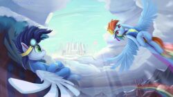 absurd_res bodily_fluids city cloudscape duo equid equine eyewear eyewear_on_head female feral flight_suit flying friendship_is_magic genital_fluids genitals goggles goggles_on_head gouransion hi_res horse male male/female mammal my_little_pony pegasus pony pussy pussy_juice rainbow_dash_(mlp) sky soarin_(mlp) wings wonderbolts_(mlp)