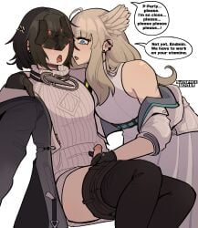 1futa 1futa1girl 1girl arknights arknights:_endfield begging begging_to_cum clothed cum_denial denial endministrator_(arknights) female female_endministrator_(arknights) femdom futanari leaking_precum masturbating_other penis perlica_(arknights) pulling_down_pants small_penis subspaceskater text watermark