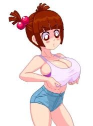 1girls air-strip blair_(air-strip_angel) blinking bouncing_breasts bra breasts brown_eyes brown_hair cleavage clothes_lift female female_only flashing flashing_breasts grin huge_breasts jean_shorts large_breasts looking_at_viewer nipples no_sound pixel_animation pixel_art purple_bra short_shorts shorts smile smug solo sprite tagme tank_top tim-buktu twintails undressing video