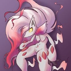 absurd_res anthro areola big_hair black_claws black_eyes breasts claws eyelashes female front_view fur generation_8_pokemon genitals grey_body grey_fur hair hi_res hisuian_form hisuian_zoroark looking_at_viewer nintendo nipples nude pink_areola pink_nipples pinkupinkish pokemon pokemon_(species) pupils purple_background red_body red_fur regional_form_(pokemon) simple_background slit_pupils small_breasts solo thick_thighs vulva wide_eyed wide_hips yellow_sclera