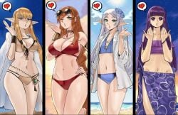 4girls bangs beach belly big_breasts bikini blowing_kiss busty busty_female cleavage curves curvy curvy_figure cute cute_face different_breast_sizes different_poses elf elf_ears elf_female fern_(sousou_no_frieren) flamme_(sousou_no_frieren) flat_chest flat_chested frieren girls green_eyes hand_on_hip heart long_hair mage medium_breasts midriff multiple_girls open_mouth orange_hair petite petite_female purple_eyes purple_hair serie serie_(sousou_no_frieren) sexy sexy_body small_breasts sousou_no_frieren swimsuits thick_thighs thighs tummy wanderjegson white_hair wide_hips winking women women_only yellow_eyes yellow_hair