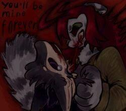 2026 4_ears abigail_(kestrel) ambiguous_gender angry anthro avali avian bird black_body black_clothing black_feathers black_fur black_sclera blood blood_in_mouth blood_on_face blood_on_mouth bodily_fluids chest_tuft claws clothed clothing colored countershading death digital_drawing_(artwork) digital_media_(artwork) duo eating_flesh english_text fangs fangs_bared feathers felid feline feline_tail female_(lore) finger_claws fingers fluffy fluffy_tail fur fyr_(fenrir784) gore gore_focus green_clothing grey_body grey_fur grotesque_death hair hi_res kestrel_(artist) long_hair maleherm_(lore) mammal markings multi_ear open_mouth pantherine purple_eyes raised_head red_background red_hair shaded signature simple_background simple_shading striped_markings striped_tail stripes tail tail_markings tears teeth text topwear tuft tufted_fur white_body white_feathers white_fur