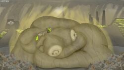 anthro areola ass barbell_piercing belly big_belly big_breasts big_butt blobby bodily_fluids breasts female grossed_out hi_res huge_belly huge_butt immobile industrial machine musk navel nipple_dip nipple_piercing nipples obese otex_(artist) overweight piercing protogen smelly solo sweat trash