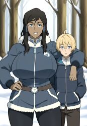1boy 1girl ai_generated arm_around_shoulders avatar_the_last_airbender ayyaai black_hair blonde_hair blue_clothing blue_coat blue_eyes breasts dark-skinned_female dark_skin female forest forest_background fully_clothed fully_clothed_female fully_clothed_male fur-trimmed_coat hand_in_pocket hand_on_own_hip huge_breasts implied_interracial korra light-skinned_male light_skin looking_at_viewer mature mature_female milf nature open_mouth outdoors smile snow the_legend_of_korra winter winter_clothes winter_coat zipper