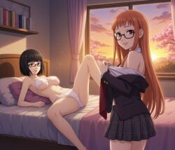 ai_generated bare_shoulders bed bedroom black_hair blue_eyes blush bra daughter glasses implied_incest mother mother_and_daughter older_female_and_younger_female orange_hair panties persona persona_(series) persona_5 purple_eyes reclining_on_bed reclining_pose sakura_futaba school_skirt school_uniform schoolgirl_uniform see_through spread_legs sunset teenager underwear undressing wakaba_ishiki yuri