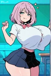 ai_generated blue_eyes female flesh_fang huge_breasts school_uniform schoolgirl short_hair silver_hair tejina_senpai tejina_senpai_(character) thick_thighs
