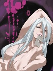 1girls blue_hair dollar_bill enargeia hair_covering_breasts jujutsu_kaisen long_hair looking_at_viewer mei_mei_(jujutsu_kaisen) nude nude_female one_arm_up purple_eyes solo solo_female taiyang_yu