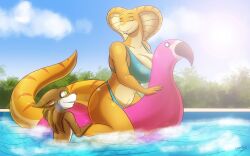 16:10 2018 alexia_(robthehoopedchipmunk) anthro beach big_breasts bikini breasts brown_body brown_fur chipmunk closed_eyes clothed clothing cobra collarbone day detailed_background duo elapid_(snake) eyebrows eyelashes female fluffy fur grin ground_squirrel hi_res inflatable_toy king_cobra long_tail male mammal markings non-mammal_breasts outside reptile rob_(robthehoopedchipmunk) robthehoopedchipmunk rodent sand scalie sciurid seaside sky smile snake spandex striped_markings striped_tail stripes swimming_pool swimwear tail_markings teeth thick_thighs tight_clothing topless water widescreen yellow_body yellow_eyes yellow_skin