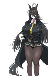 1girls ahoge alternate_breast_size alternate_breast_size_(larger) black_hair busty choker earring female female_only hair_between_eyes horse_ears horse_girl huge_breasts jacket long_hair manhattan_cafe_(umamusume) oouw pantyhose skirt solo thick_thighs umamusume umamusume_pretty_derby wide_hips yellow_eyes