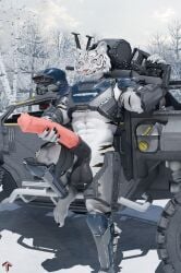 absurd_res animal_genitalia animal_penis anthro anthro_only armor big_penis black_stripes equine_genitalia equine_penis felid genitals golem_(artist) gun gun_on_shoulder headgear heavy_machine_gun helldiver helldivers helmet hi_res holding_penis huge_cock machine_gun male mammal mismatched_genitalia mismatched_penis mostly_nude muscular muscular_male orange_eyes pantherine penis presenting presenting_penis ranged_weapon snow solo stripes tiger weapon white_body